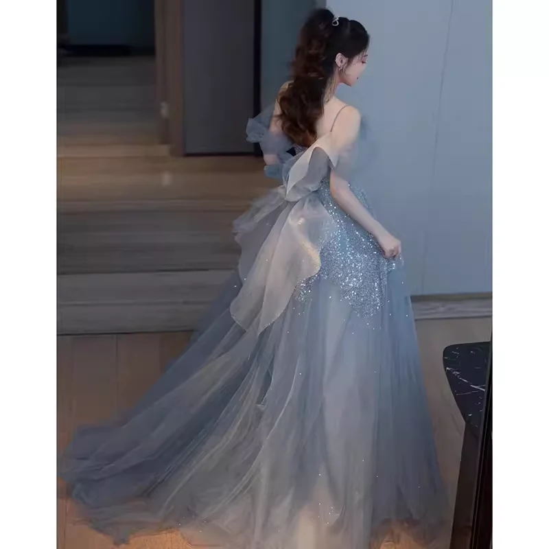 Princess A line Blue Sequin Long Prom Dresses P1009 - Image 3