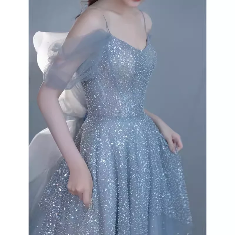 Princess A line Blue Sequin Long Prom Dresses P1009 - Image 4