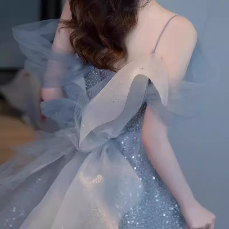 Princess A line Blue Sequin Long Prom Dresses P1009 - Image 5