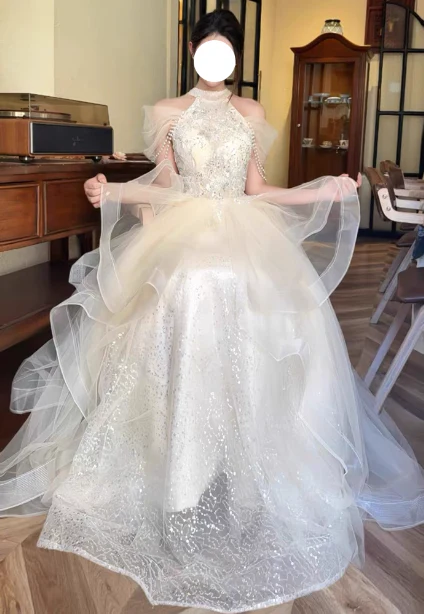 Princess A-Line Halter Neck Sequin Embroidered Tiered Tulle Long Prom Dress Evening Dress P4377 - Image 3