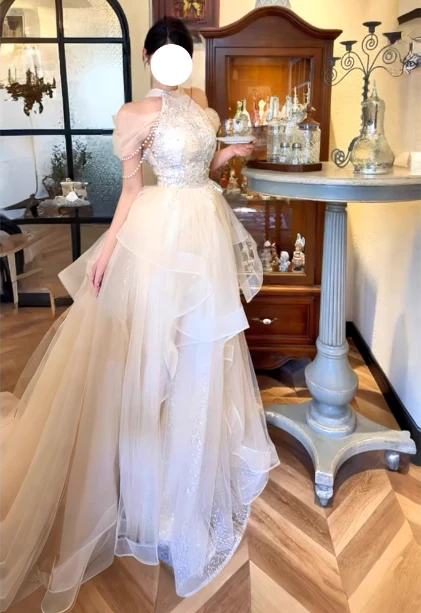 Princess A-Line Halter Neck Sequin Embroidered Tiered Tulle Long Prom Dress Evening Dress P4377 - Image 4