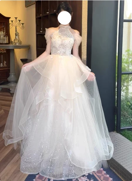 Princess A-Line Halter Neck Sequin Embroidered Tiered Tulle Long Prom Dress Evening Dress P4377 - Image 6