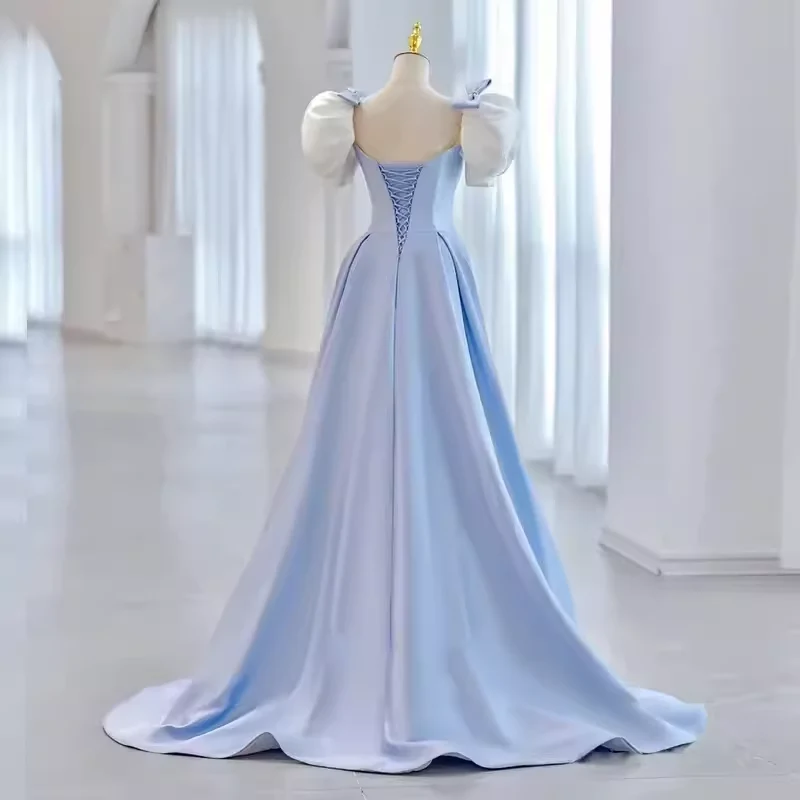 Princess A line Light Blue Satin Prom Dress Long Prom Dresses P548 - Image 3