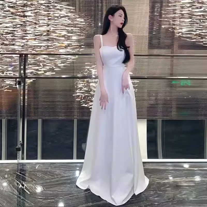 Princess A line Straps White Long Prom Dresses P1008