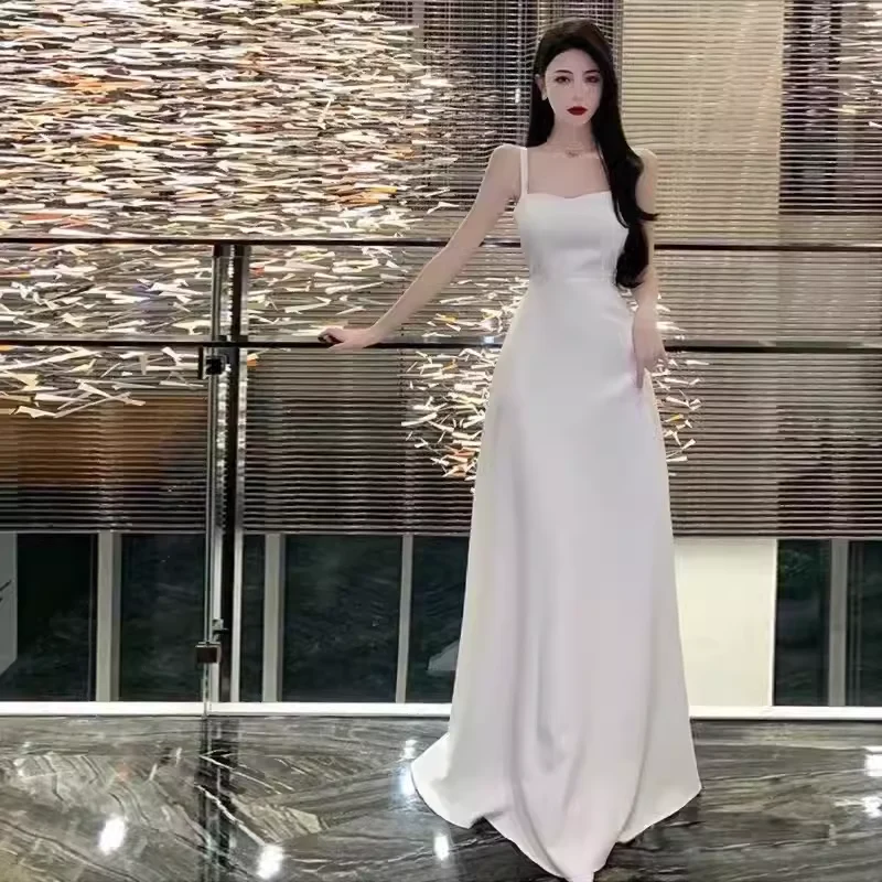 Princess A line Straps White Long Prom Dresses P1008 - Image 2