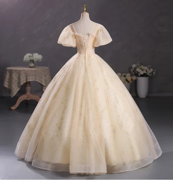 Princess Champagne Gold Square Neck Puff Sleeve Gold Embroidered Floral Tulle Ball Gown Evening Dress Sweet 16 Dress P4403 - Image 4