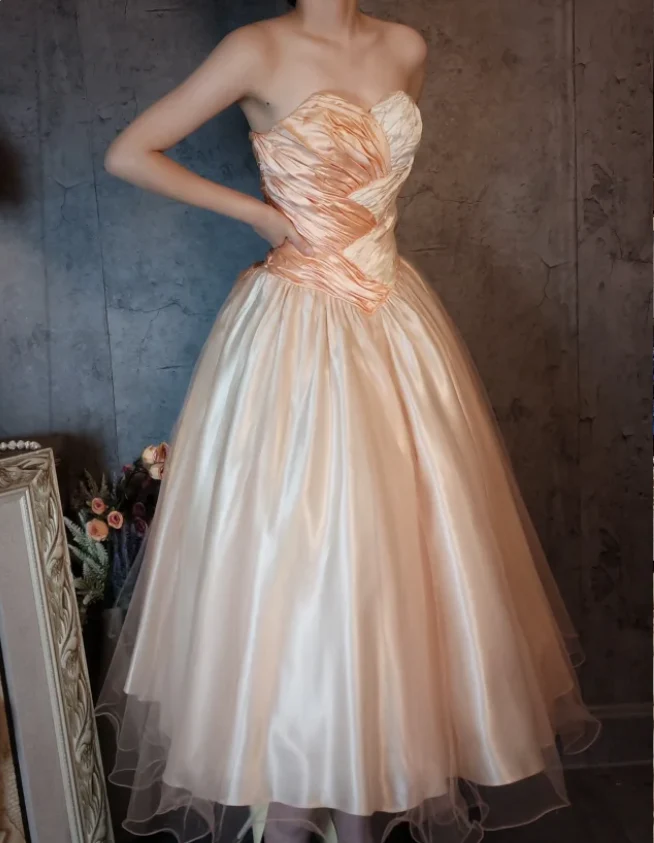 Princess Champagne Pink A-line Sweet Bow Satin Prom Dress Evening Dress Sweet 16 Dress P4316 - Image 2
