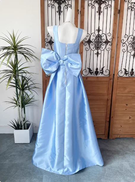 Princess Elegant Blue Square Neck Bow Satin Long Prom Dress Evening Dress P4545 - Image 2