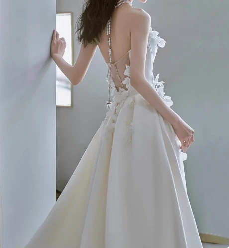 Princess Flower Strapless Satin A-Line White Wedding Dress P2740 - Image 2