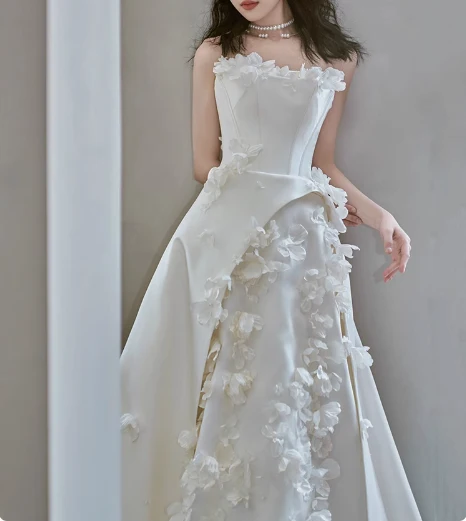 Princess Flower Strapless Satin A-Line White Wedding Dress P2740 - Image 4