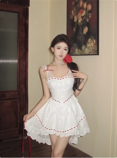 Princess Lace Stitching White Sling Waist Cake Birthday Skirt Homecoming Dress P3911 - Image 3