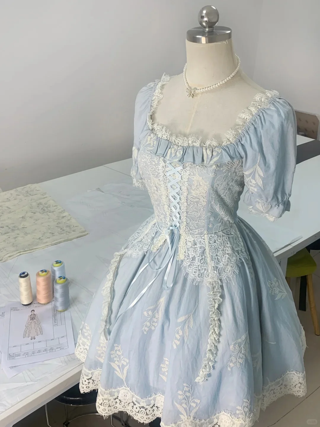 Princess light blue square neck short sleeves lace homecoming dress P3176 - Image 2
