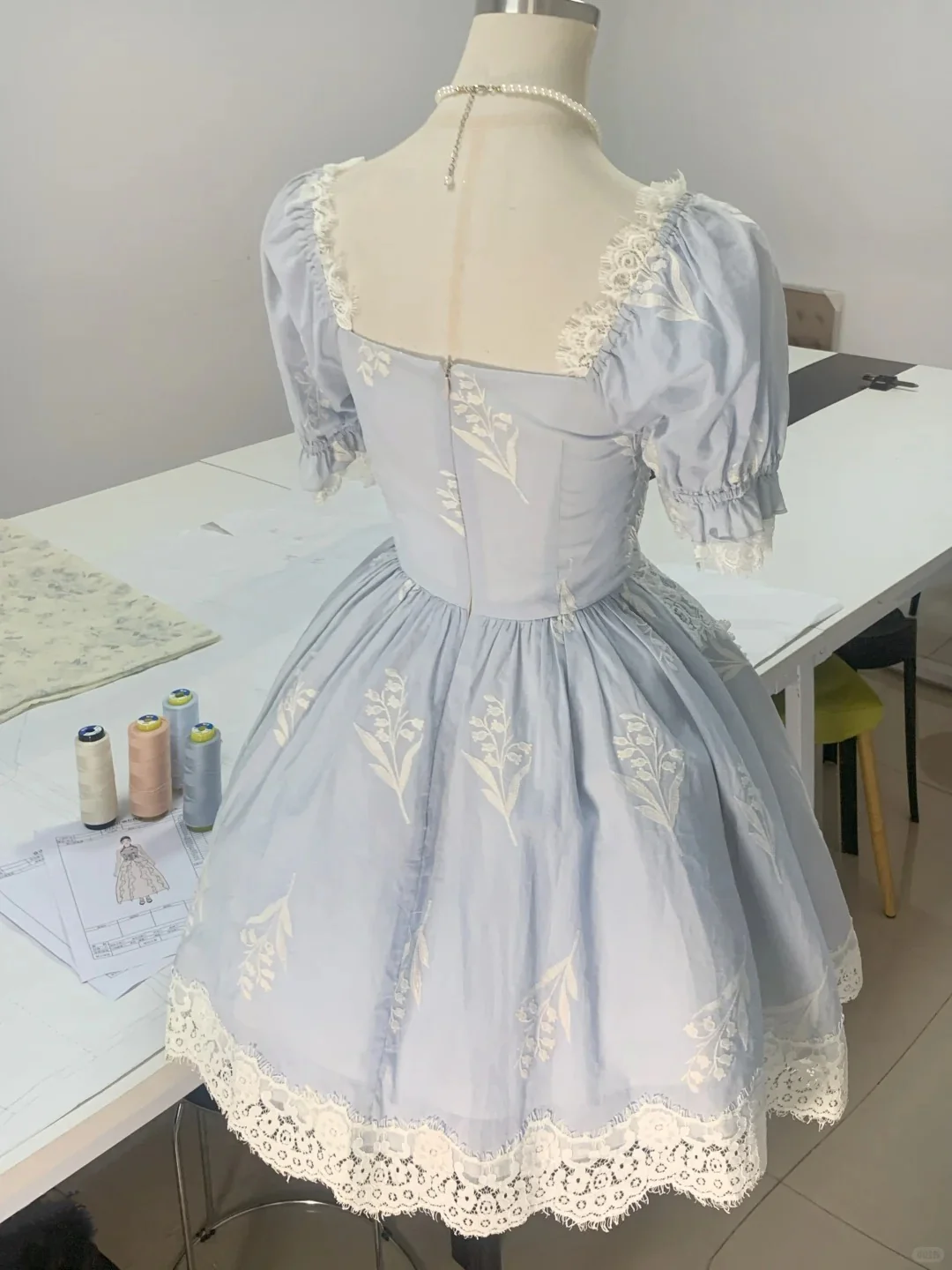 Princess light blue square neck short sleeves lace homecoming dress P3176 - Image 3