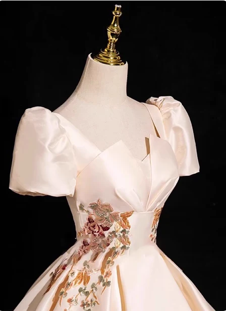 Princess Light Champagne Short-Sleeve Floral Embroidered Ball Gown Evening Dress P4363 - Image 4