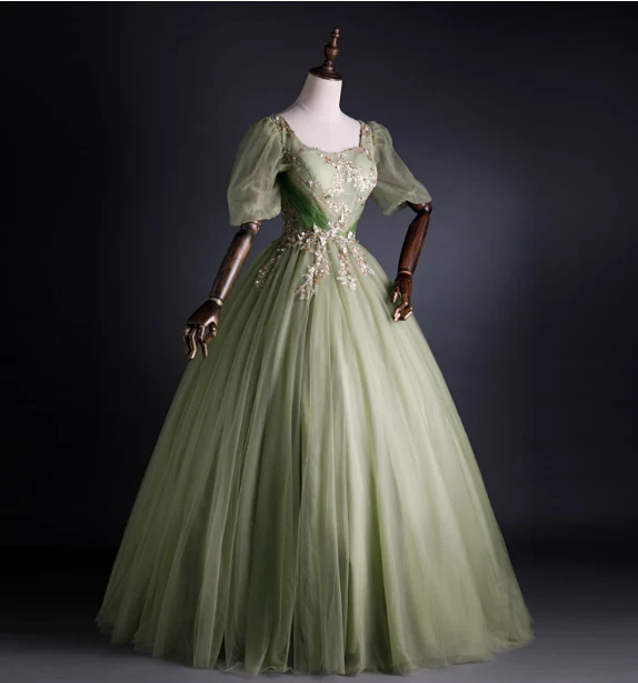 Princess Light Green Square Neck Puff Sleeve Gold Embroidery Tulle Ball Gown Evening Dress Sweet 16 Dress P4398 - Image 3
