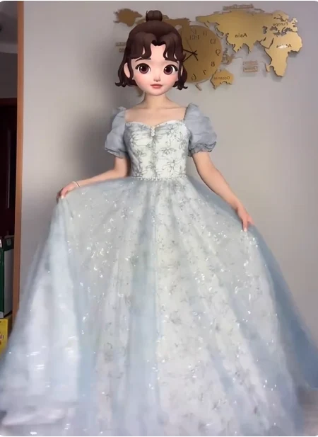Princess Light Haze Blue Puffed Sleeve Embroidered Sequin Tulle Long Prom Dress Evening Dress P4375 - Image 3