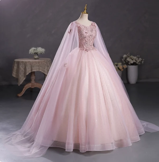 Princess Light Pink Crew Neck Cape Embroidered Tulle Ball Gown Evening Dress Sweet 16 Dress P4401 - Image 2