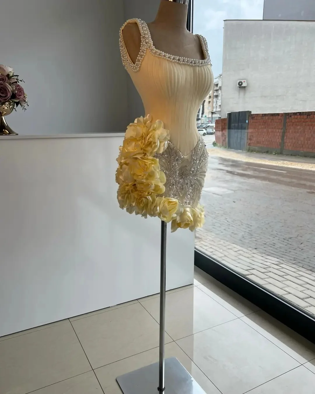 Princess Light Yellow Pearl Straps Beaded 3D Flower Skirt Short Homecoming Dress P3151 - Image 3