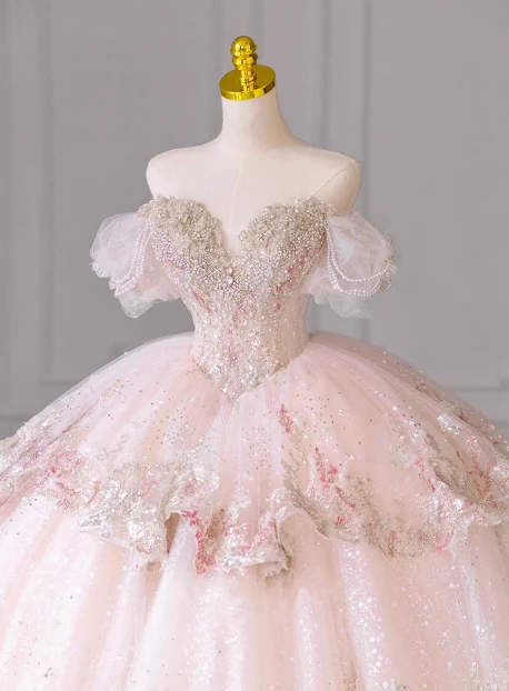 Princess one-shoulder pink French tulle beaded luxury floor-length wedding dress P2670