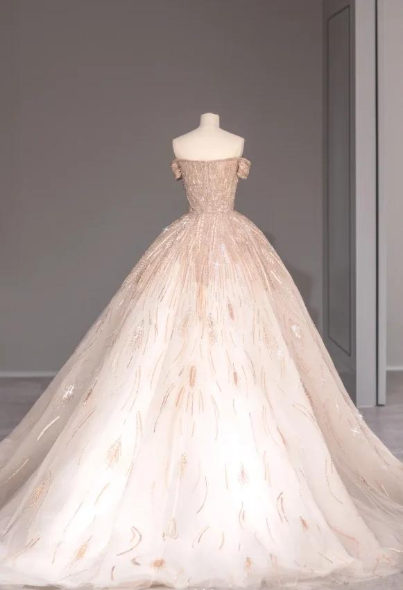 Princess Pink Off-shoulder Shiny Tulle A-line Wedding Dress with Train P2869 - Image 3