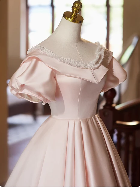 Princess Pink Satin Short Sleeve A-Line Wedding Dress P2627 - Image 2