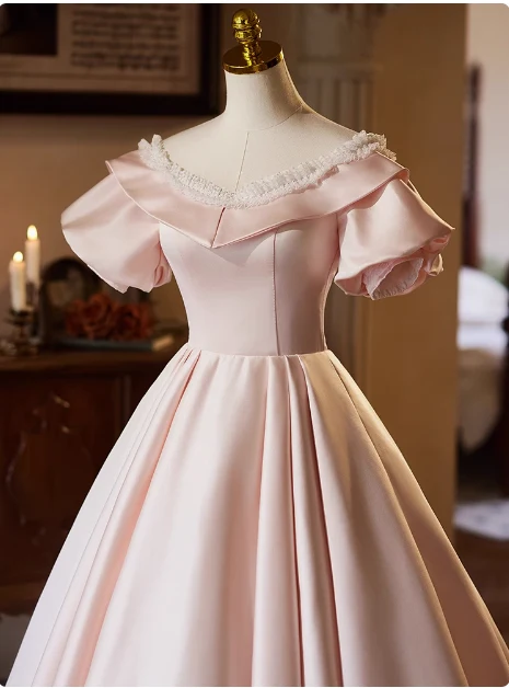 Princess Pink Satin Short Sleeve A-Line Wedding Dress P2627 - Image 3