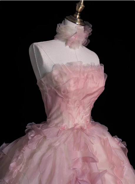 Princess Pink Strapless Floral Tulle Floor-Length Wedding Dress P2753 - Image 3
