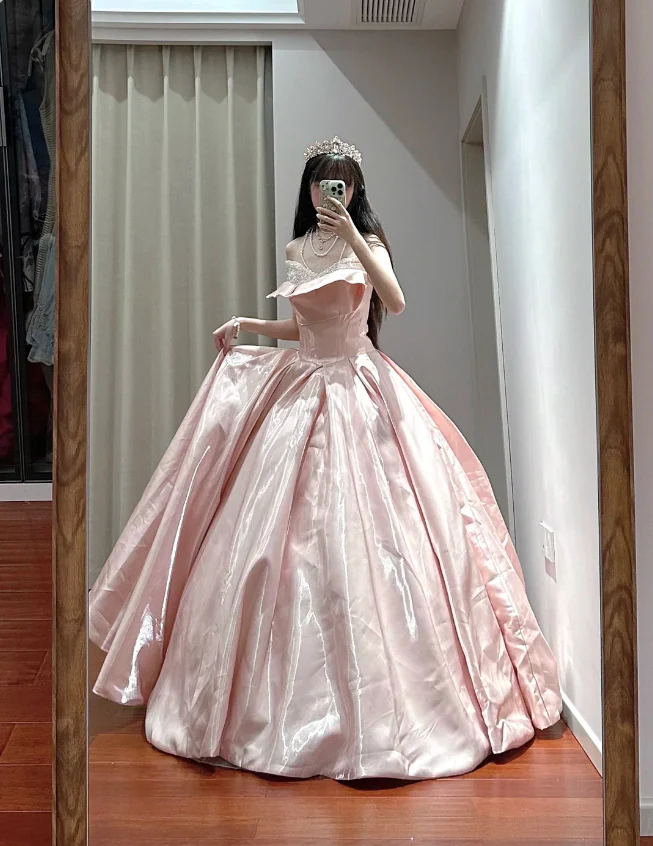 Princess Pink Strapless Ruffled Neck Satin Floor-Length Ball Gown Evening Gown 16th Birthday Gown P4110 - Image 2
