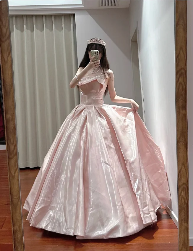 Princess Pink Strapless Ruffled Neck Satin Floor-Length Ball Gown Evening Gown 16th Birthday Gown P4110 - Image 3