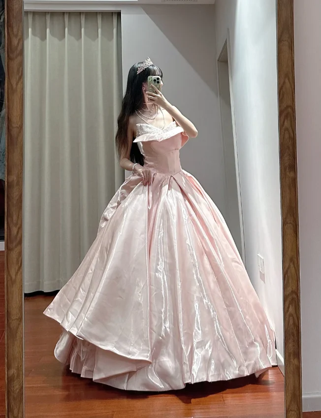 Princess Pink Strapless Ruffled Neck Satin Floor-Length Ball Gown Evening Gown 16th Birthday Gown P4110 - Image 4