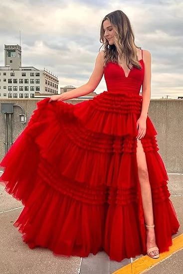 Princess Pink Tiered Layers Tulle Long Prom Dresses P1153 - Image 7
