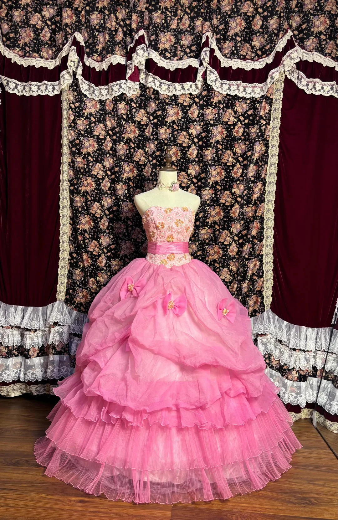 Princess Pink Tube Top 3D Embroidered Sequined Fishbone Bow Puffy Wedding Dress P3025
