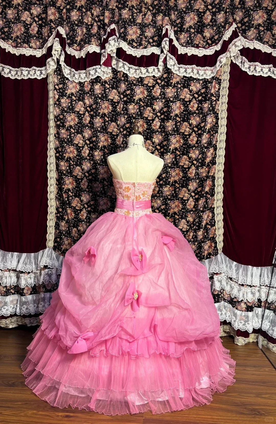 Princess Pink Tube Top 3D Embroidered Sequined Fishbone Bow Puffy Wedding Dress P3025 - Image 2