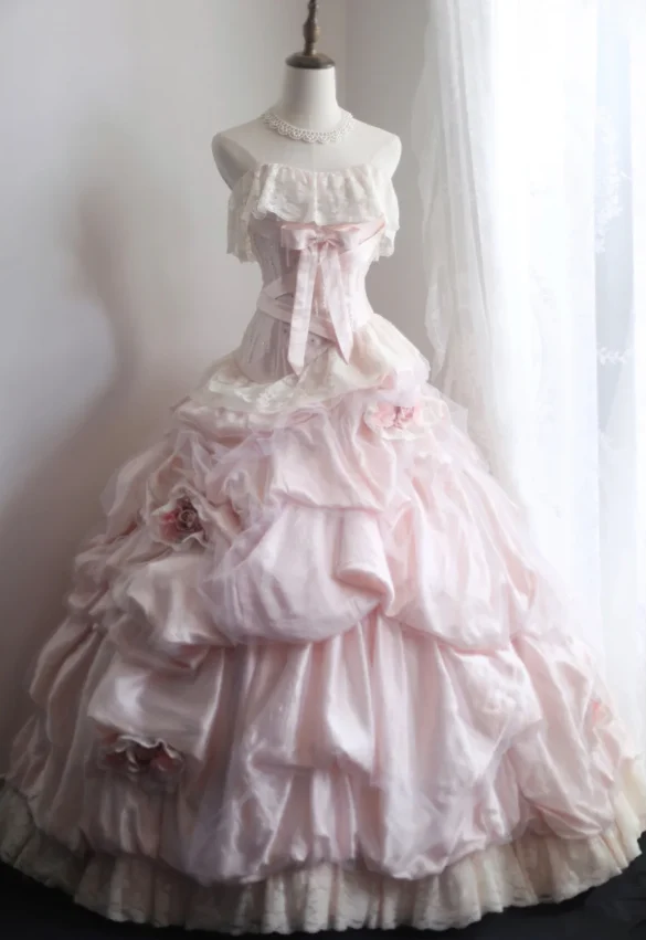 Princess Pink Tube Top Irregular Skirt Pleated Lace Edge Puffy Wedding Dress P2858