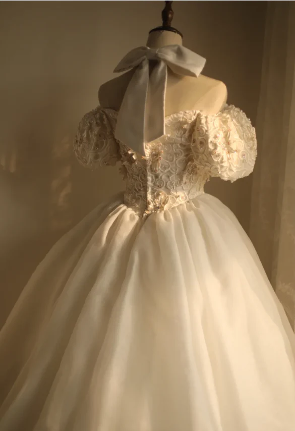 Princess Puff Sleeve Halter Neck Beaded Puff Wedding Dress P2866 - Image 4