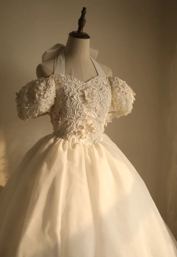 Princess Puff Sleeve Halter Neck Beaded Puff Wedding Dress P2866 - Image 6