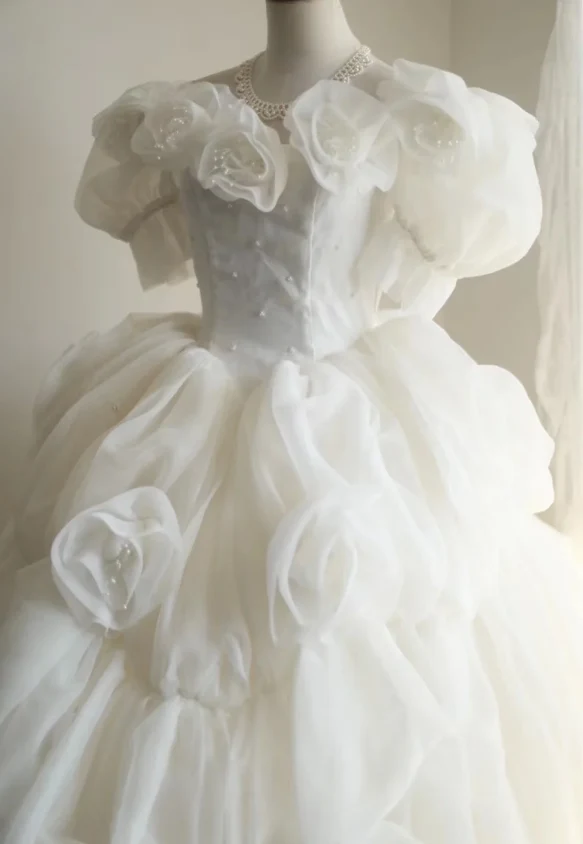 Princess Puff Sleeves Pleated Handmade Flower Tulle A-Line Wedding Dress P2819 - Image 6
