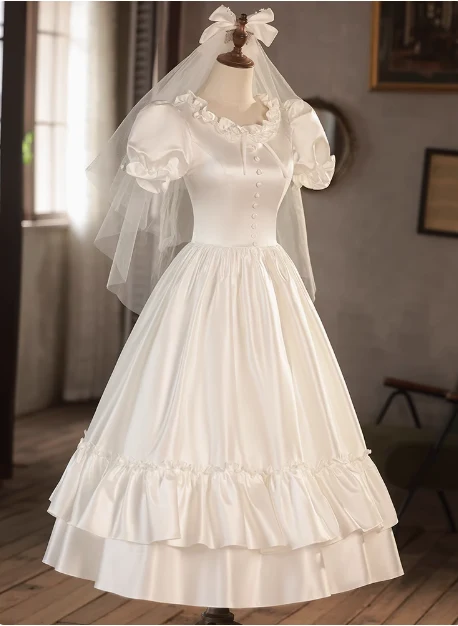 Princess Round Neck Puff Sleeves Satin Short A-Line Wedding Dress P2622 - Image 4