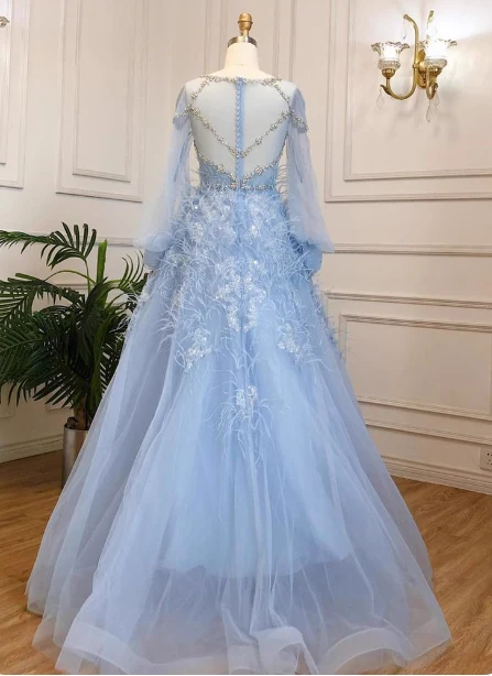 Princess Sky Blue Long Crew Neck Feather Sparkling Diamond Tulle Prom Dress Evening Dress P4513 - Image 2