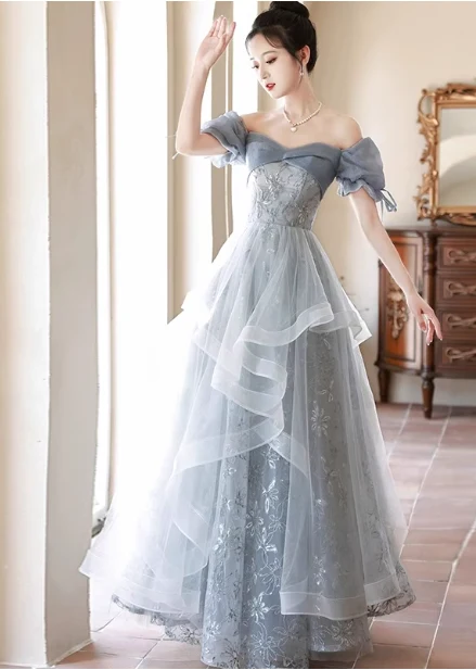 Princess Slate Blue A-line Puff Sleeve Embroidered Tulle Long Prom Dress Evening Dress P4484 - Image 2