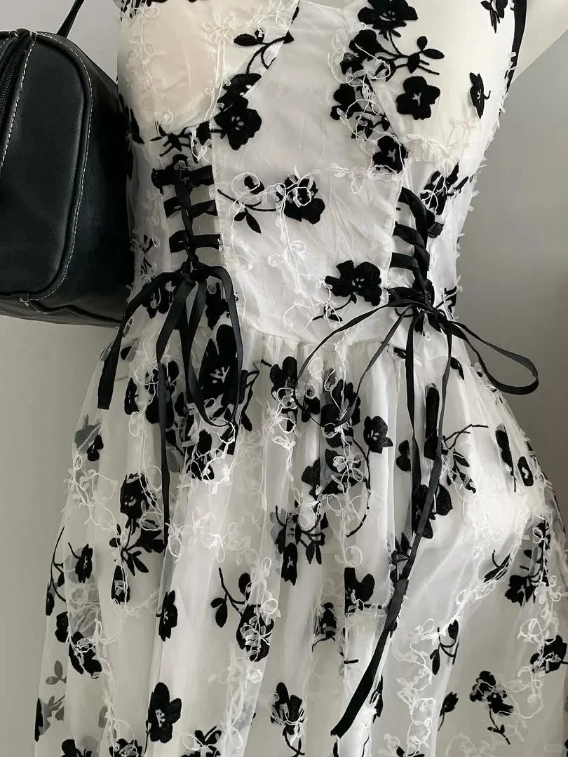 Princess Spaghetti Strap Sweetheart Neck Lace Black Floral A-Line Homecoming Dress P3414 - Image 5