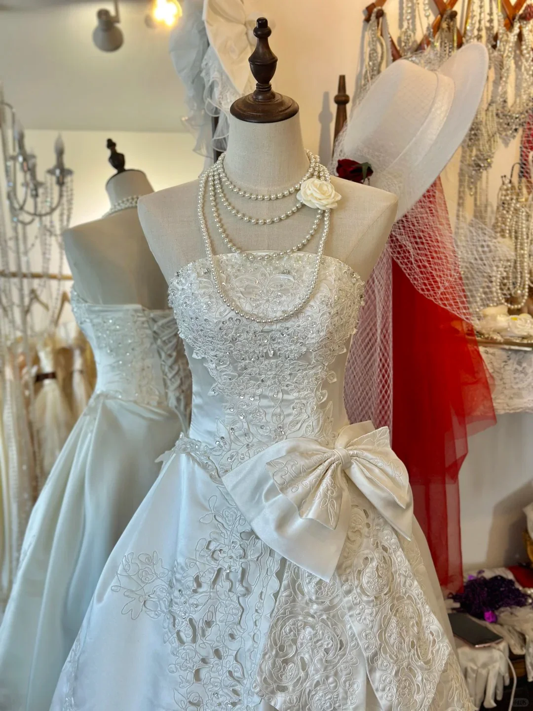 Princess Strapless Thick Satin Bowknot Hollow Design Back Tie Floor Length Wedding Dress P2950 - Image 2