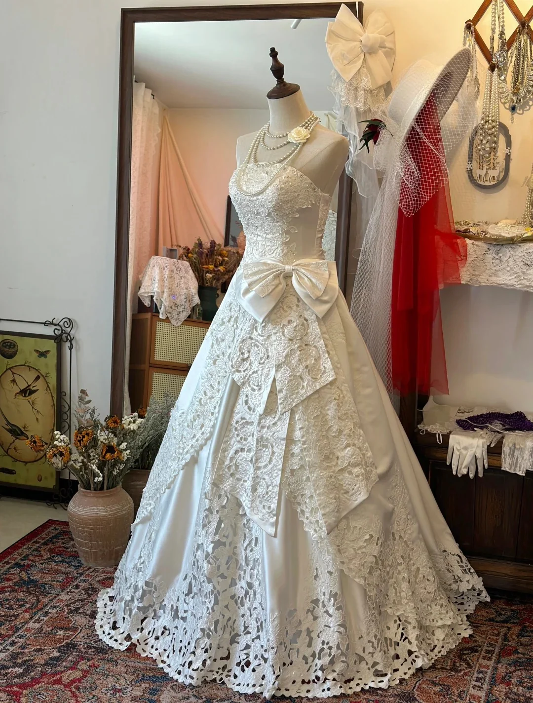 Princess Strapless Thick Satin Bowknot Hollow Design Back Tie Floor Length Wedding Dress P2950 - Image 4