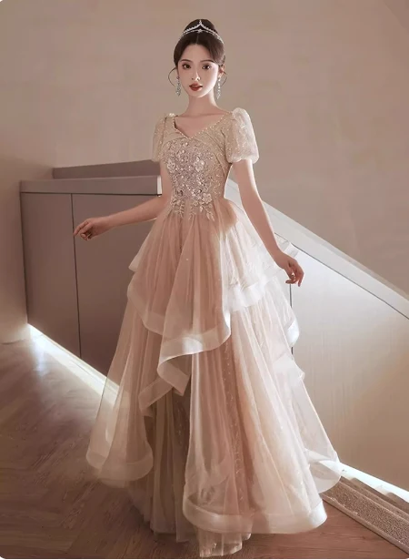 Princess Sweet Champagne Nude A-line Puff Short Sleeve Layered Tulle Long Prom Dress Evening Dress P4454 - Image 2