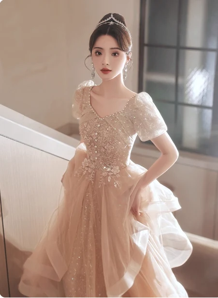 Princess Sweet Champagne Nude A-line Puff Short Sleeve Layered Tulle Long Prom Dress Evening Dress P4454 - Image 3