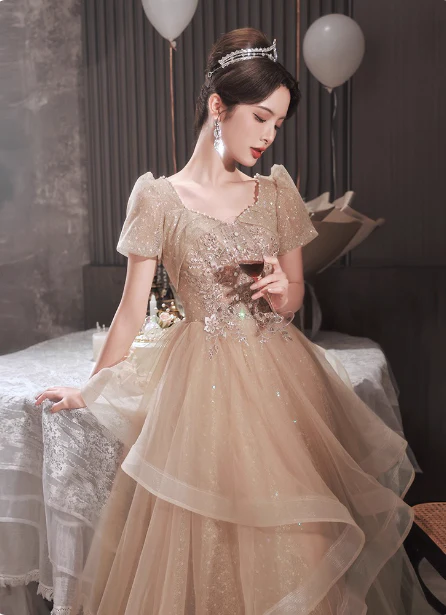 Princess Sweet Champagne Nude A-line Puff Short Sleeve Layered Tulle Long Prom Dress Evening Dress P4454 - Image 4