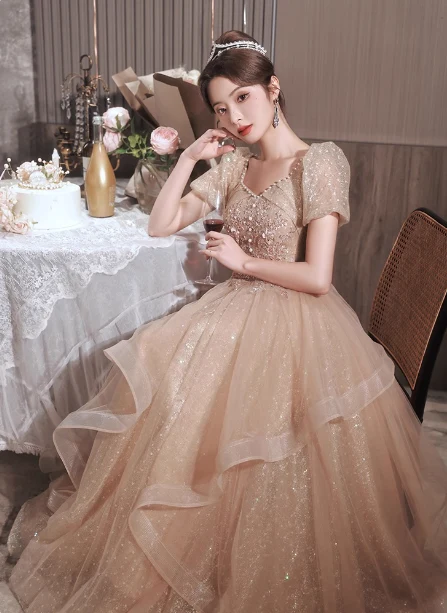 Princess Sweet Champagne Nude A-line Puff Short Sleeve Layered Tulle Long Prom Dress Evening Dress P4454 - Image 5