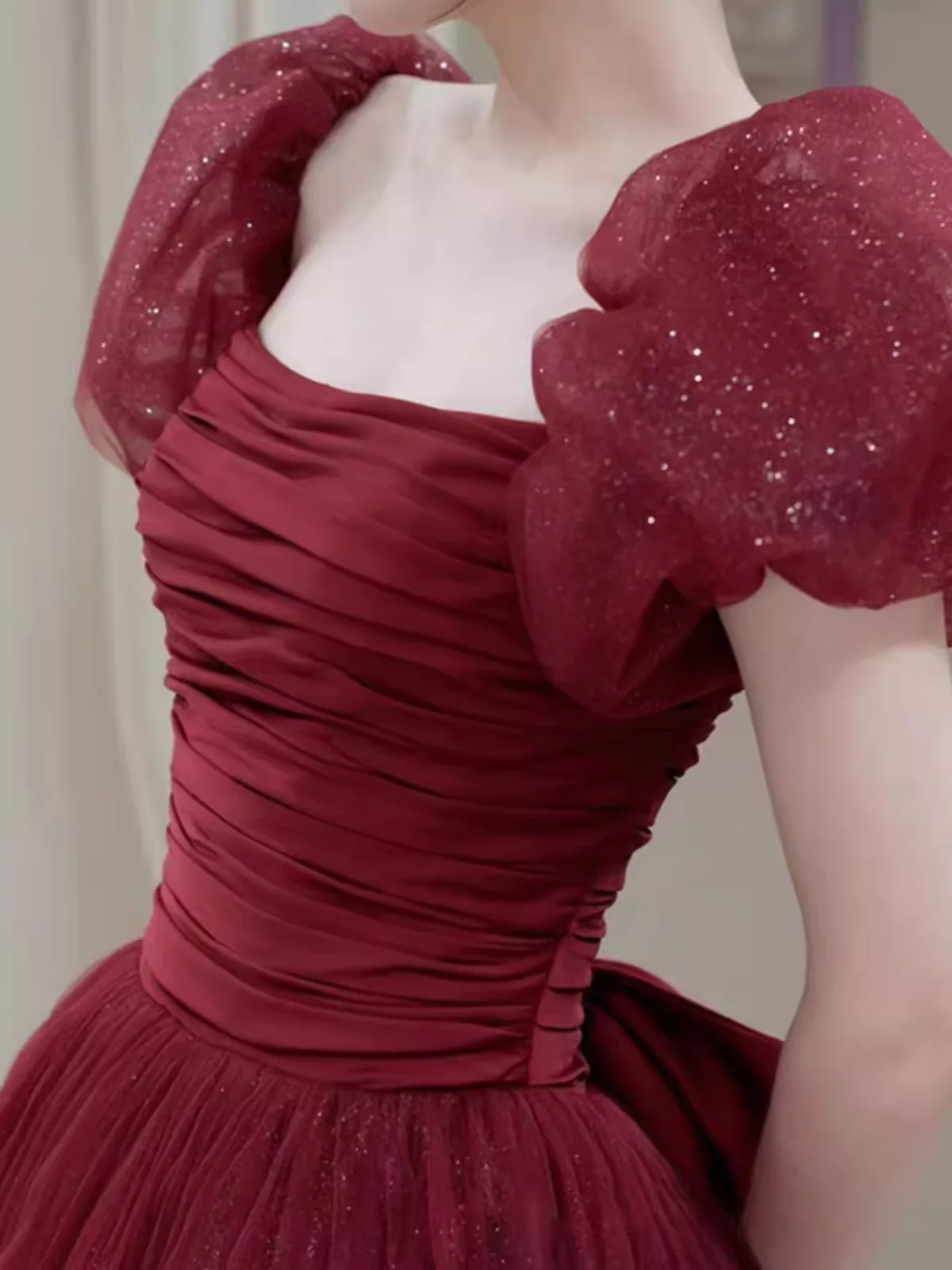Princess Tulle Burgundy Long Prom Dresses P1014 - Image 4