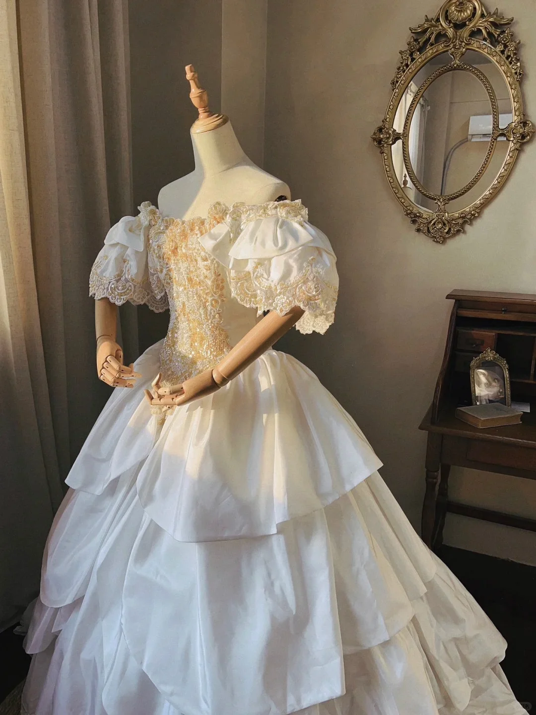 Princess White Satin Drop Shoulder Beaded Petal Skirt Floor-Length Wedding Dress P3069 - Image 5