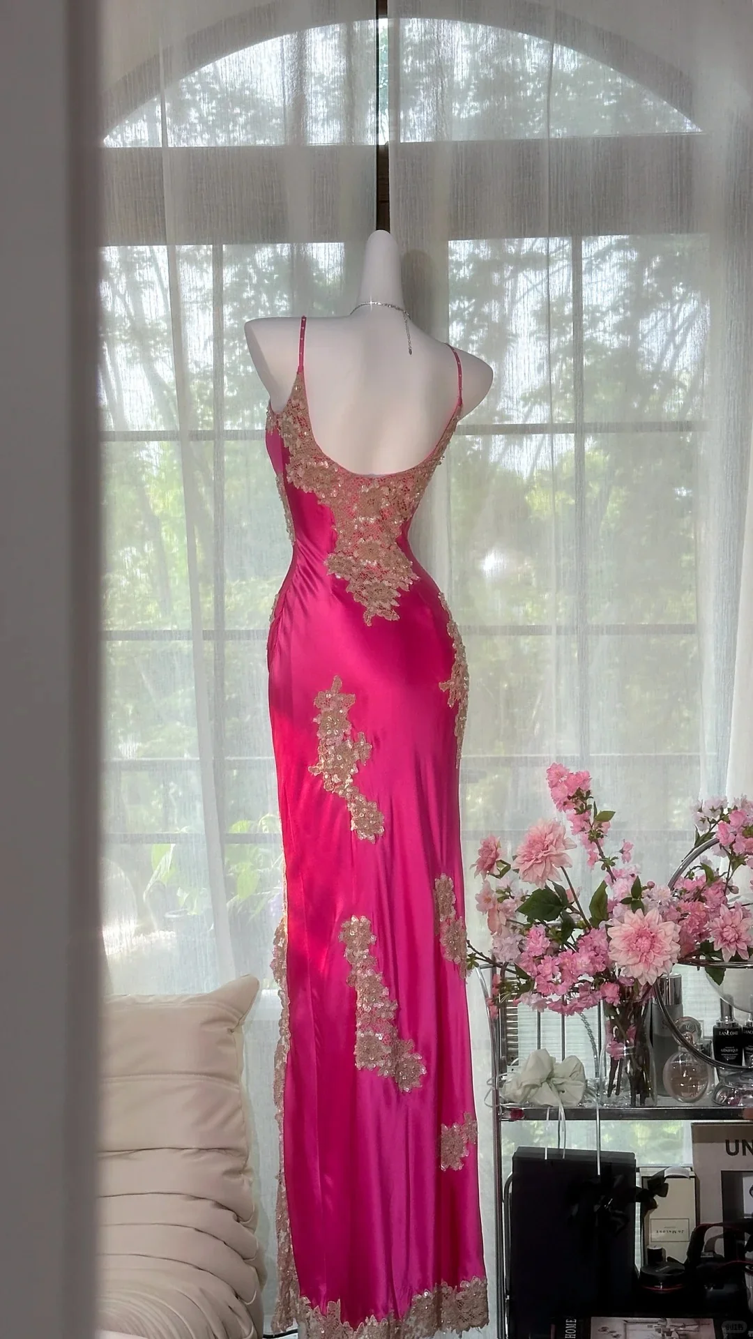 Retro Barbie Pink Lace and Satin Slit Mermaid Evening Dress Prom Dress P3258 - Image 2